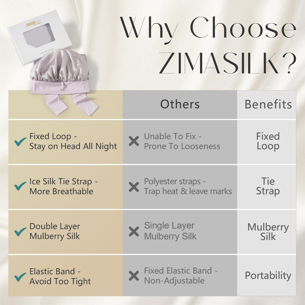 ZIMASILK interior view showing roomy volume that protects long hair from compression