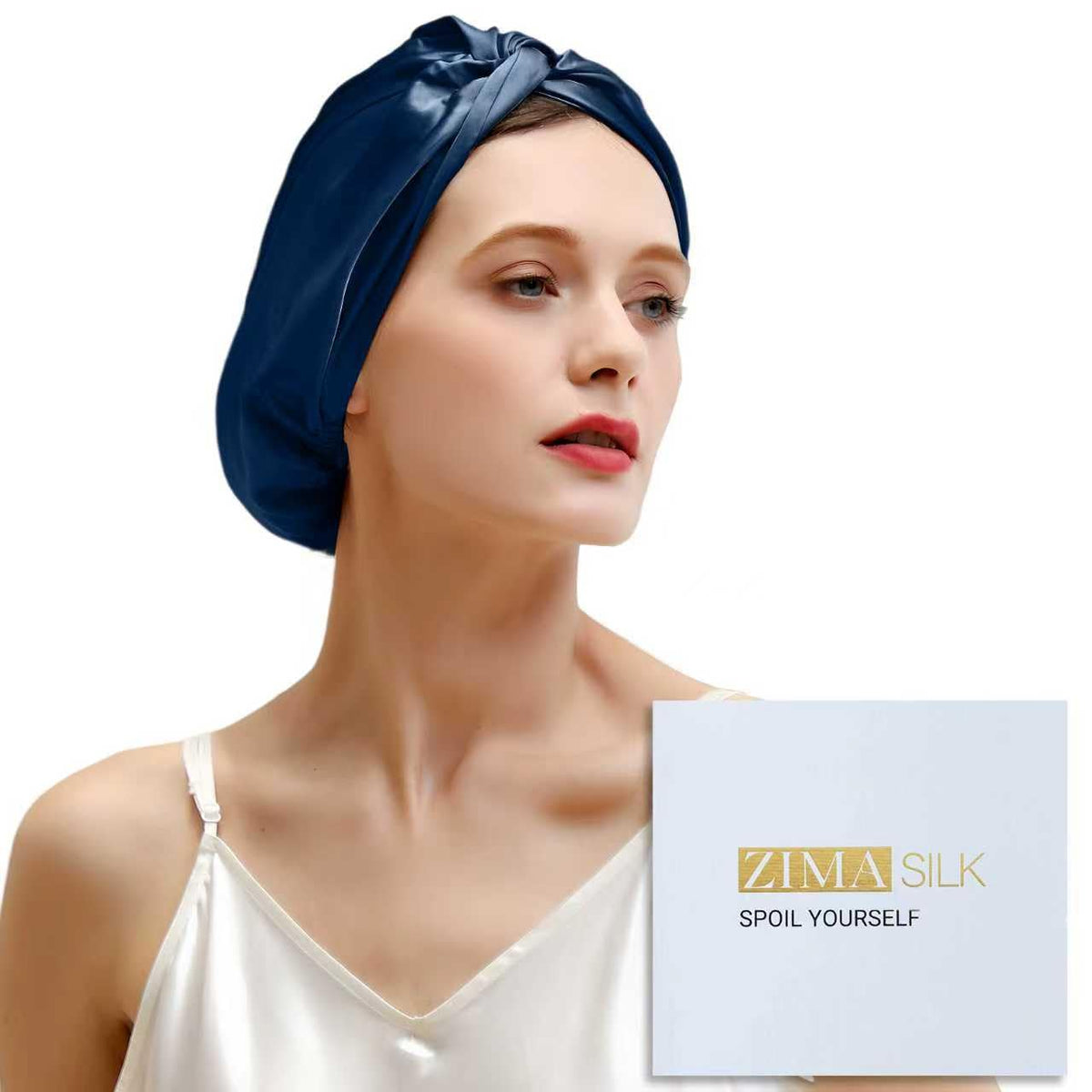 ZIMASILK navy bonnet front view showing elegant design and protective benefit