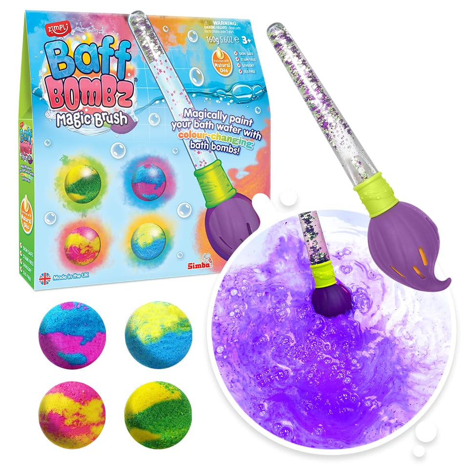 ZIMPLI front packaging showing four colourful bath bombs and contents with fun branding and safety info