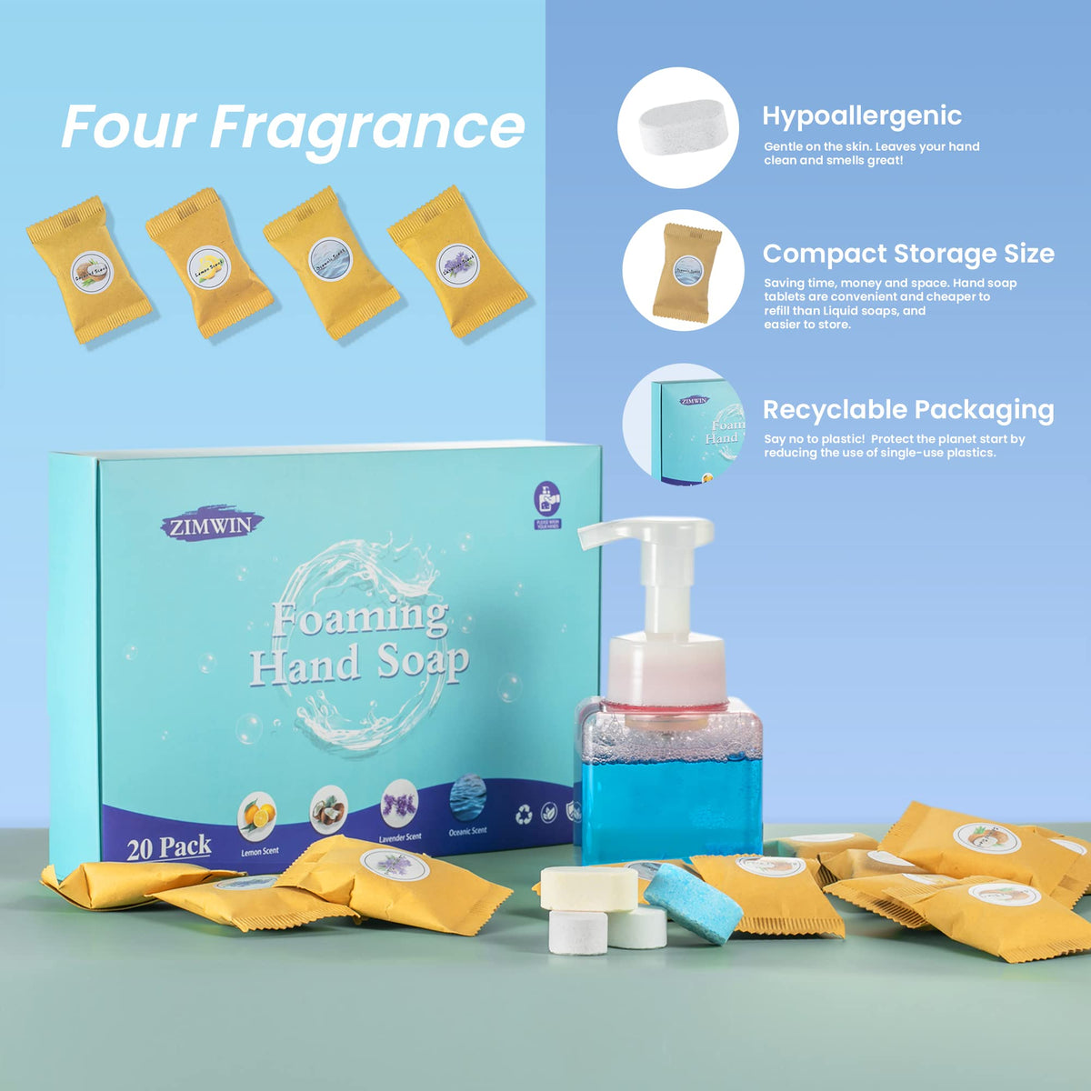Zimwin foam pump in bathroom lifestyle image demonstrating gentle foaming benefit