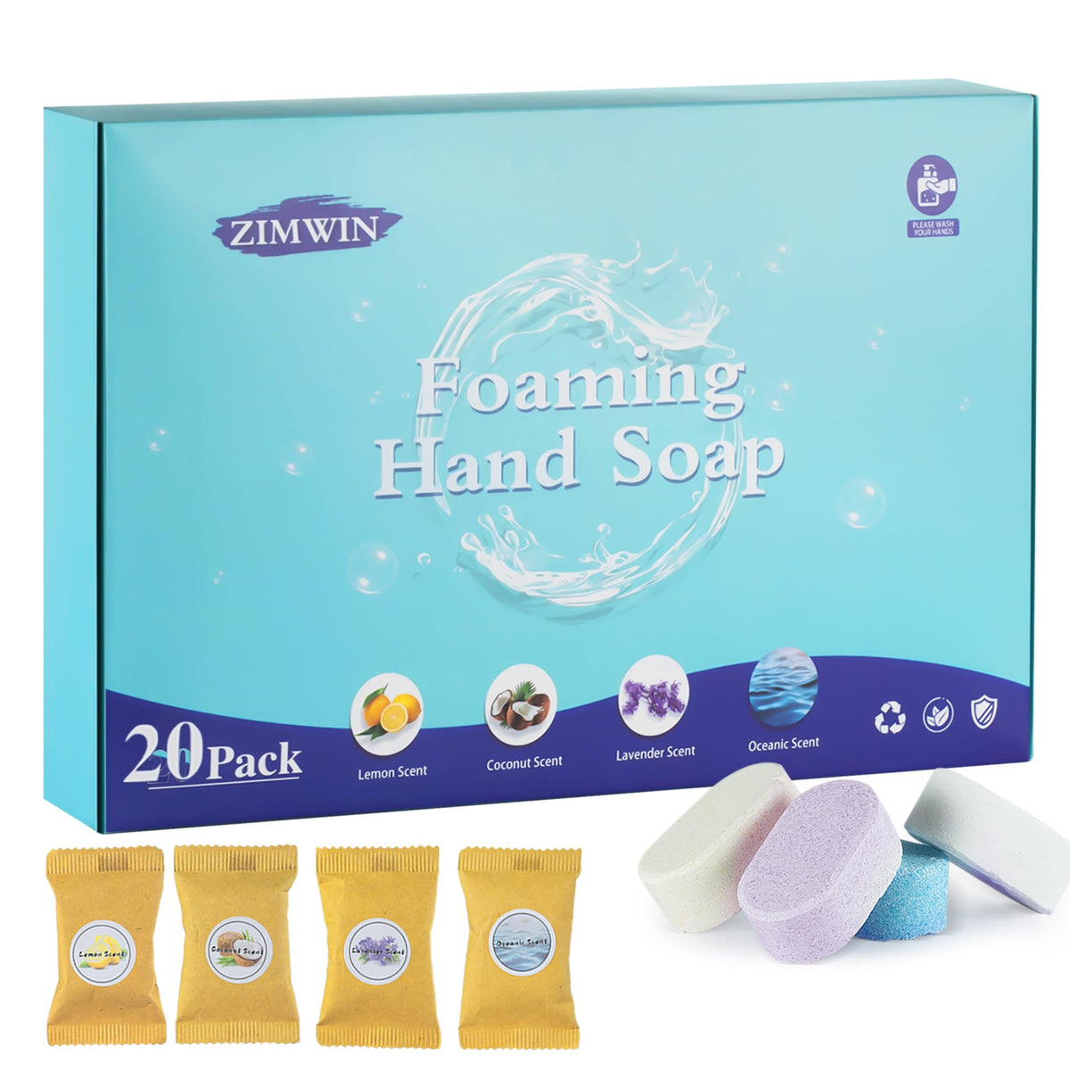 Zimwin front packaging showing 20-pack and scent variety benefits low waste