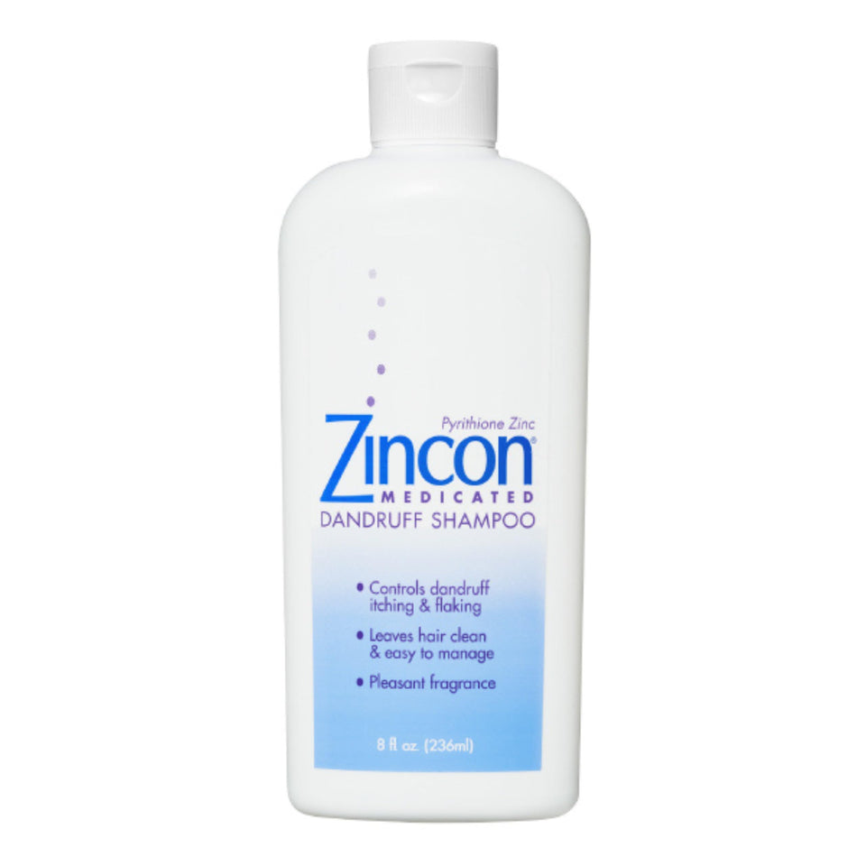 ZINCON front bottle view showing medicated dandruff shampoo and size benefit