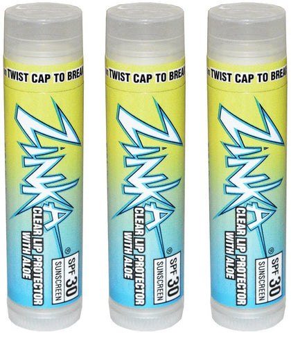 Zinka clear lip protector front pack showing SPF 30 protection and moisturizing benefit