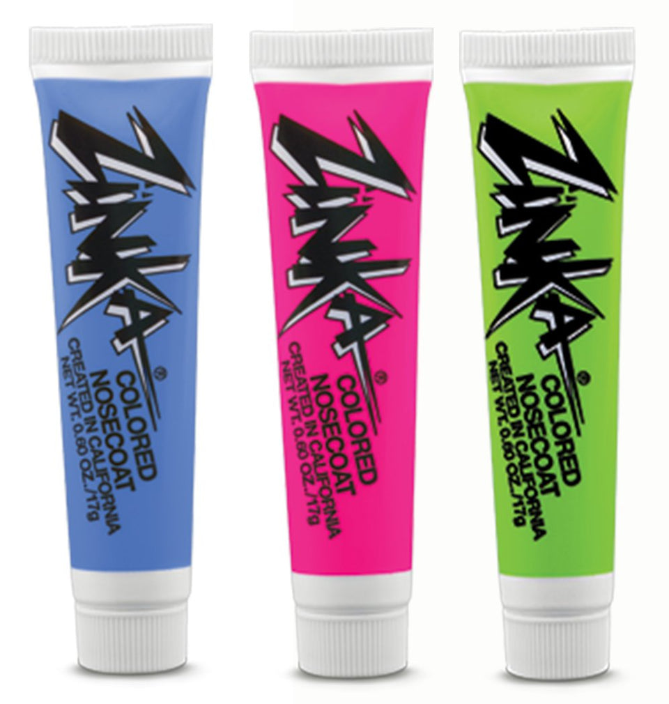 Zinka front packaging showing three colorful nosecoat tubes and visible protection