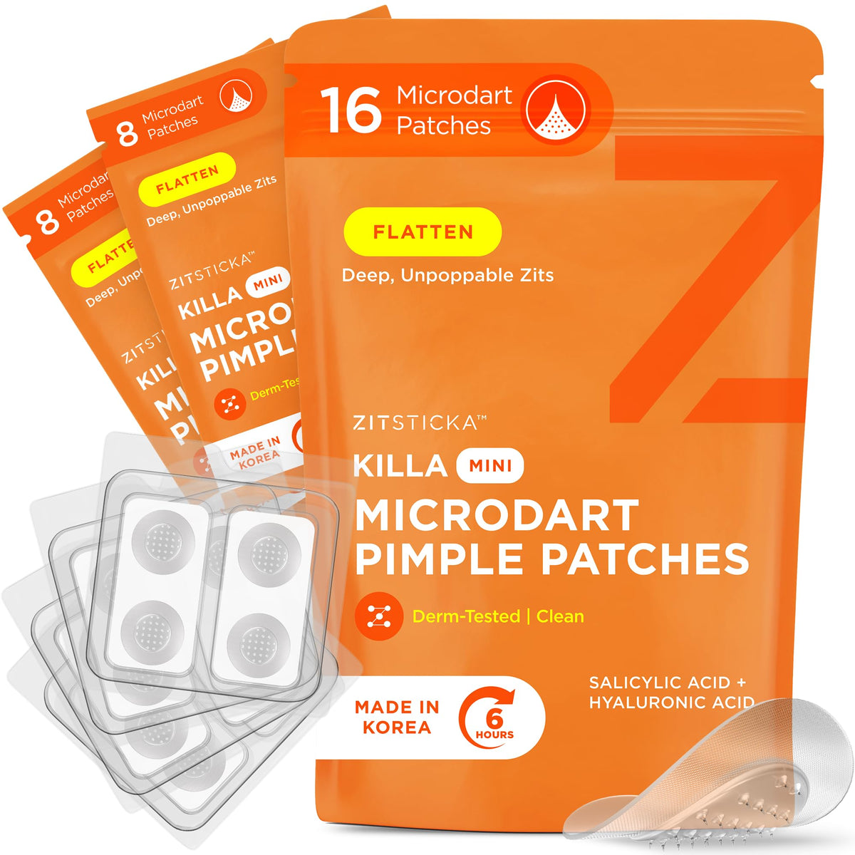 ZitSticka front pack showing 16 mini microdart patches and compact pouch benefit convenience