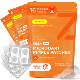 ZitSticka front pack showing 16 mini microdart patches and compact pouch benefit convenience
