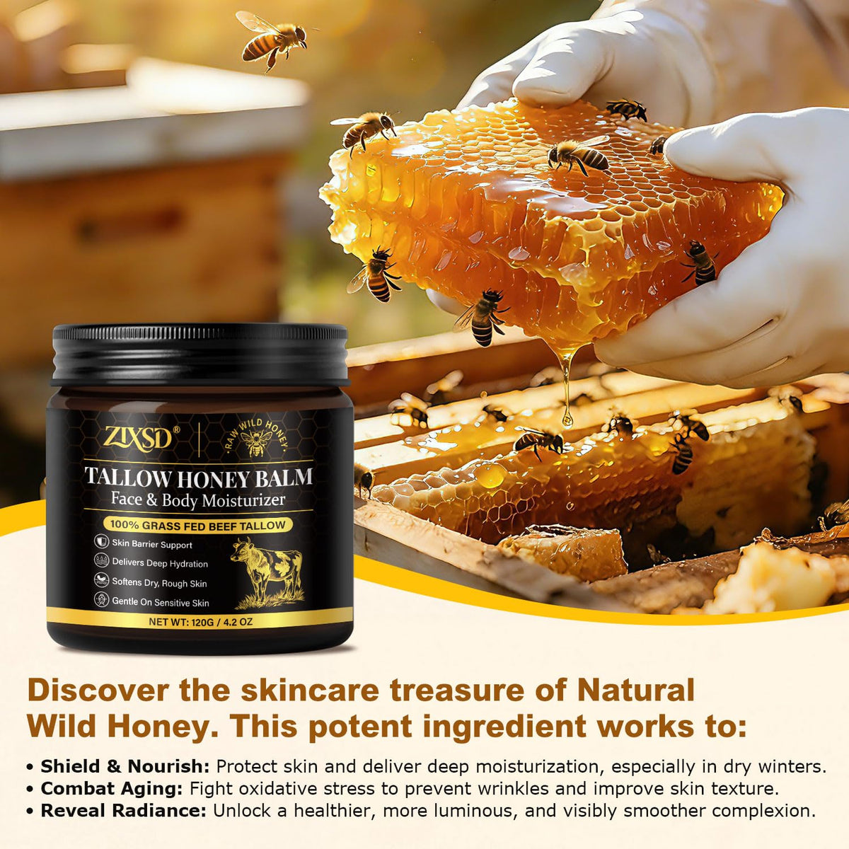 ZIXSD ingredients display with grass-fed tallow, honey, and beeswax emphasizing natural purity