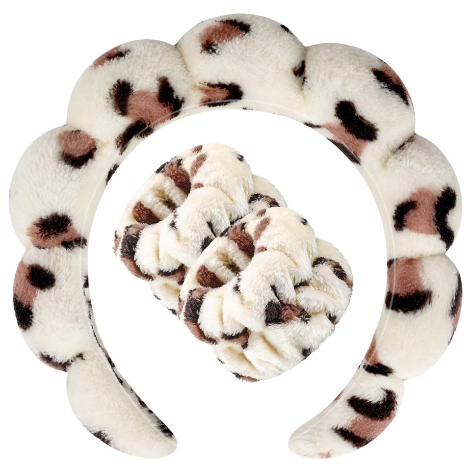 Zkptops beige leopard front view showing plush headband and wristband, stylish and practical
