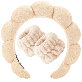 Zkptops front view of beige headband and wristband set showing compact gift-ready look
