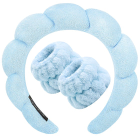 Zkptops front view of blue padded headband for neat skincare