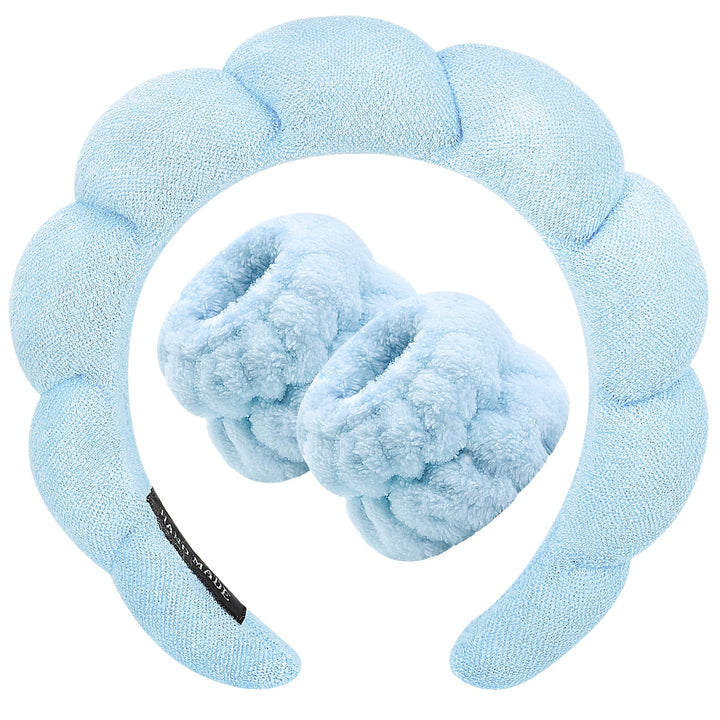 Zkptops front view of blue padded headband for neat skincare
