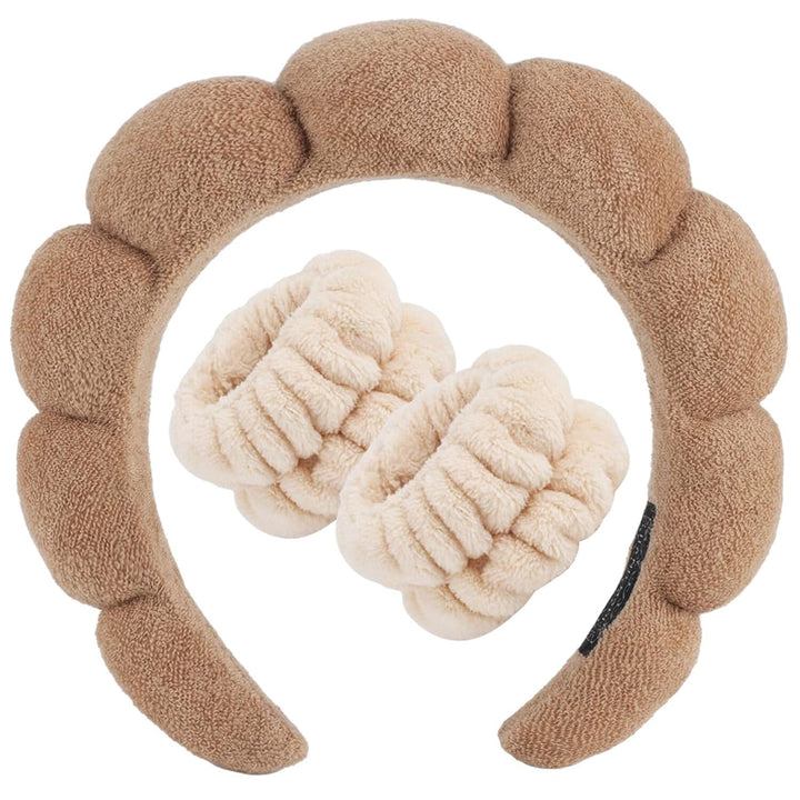 Zkptops front view of brown spa headband showing shape and padding benefit