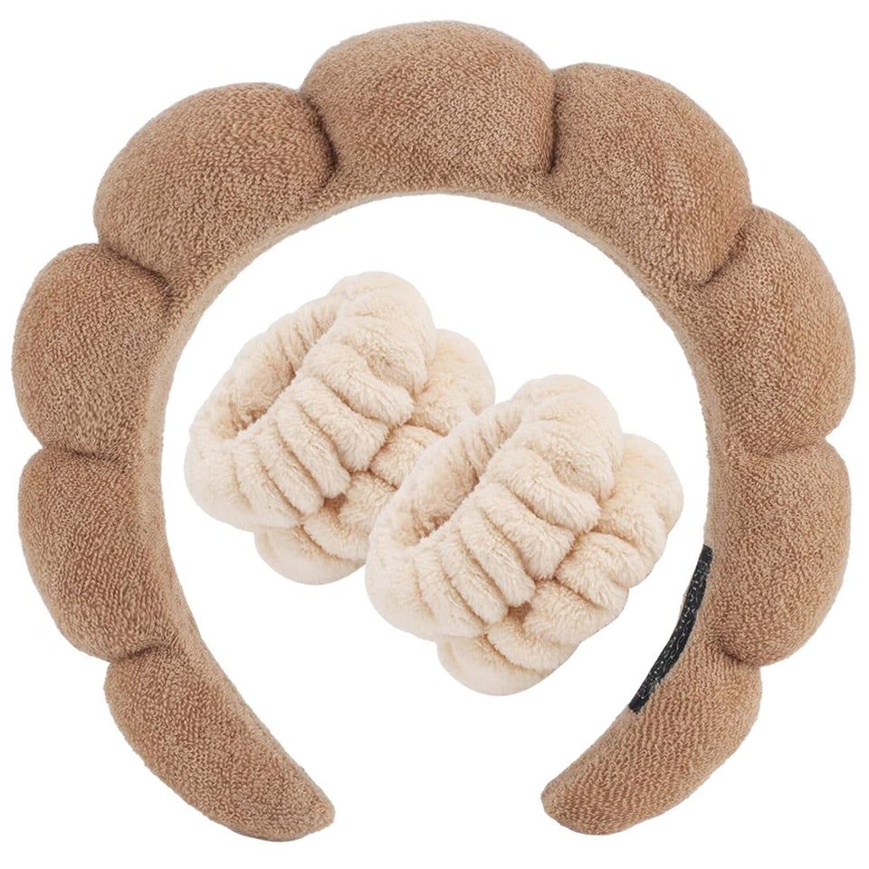 Zkptops front view of brown spa headband showing shape and padding benefit
