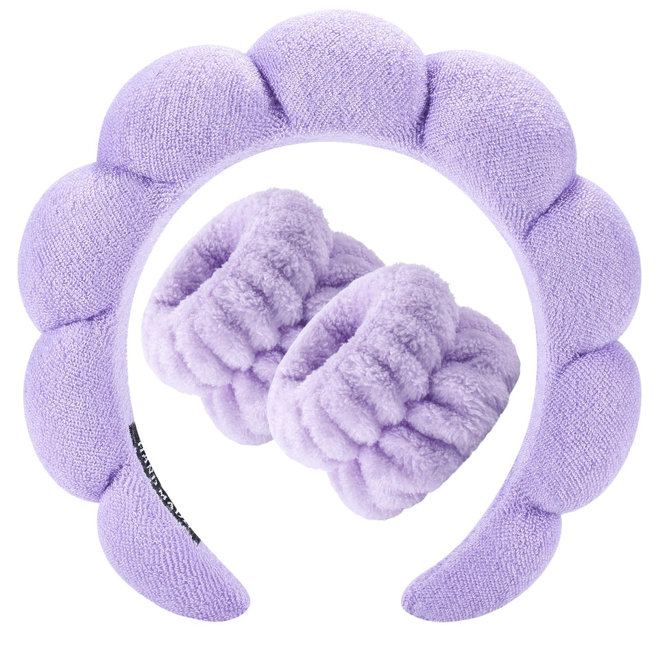Zkptops purple headband and wristband front view, keeps hair dry