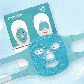 Woman wearing ZNÖCUETÖD mask while relaxing to reduce puffiness and soothe eyes