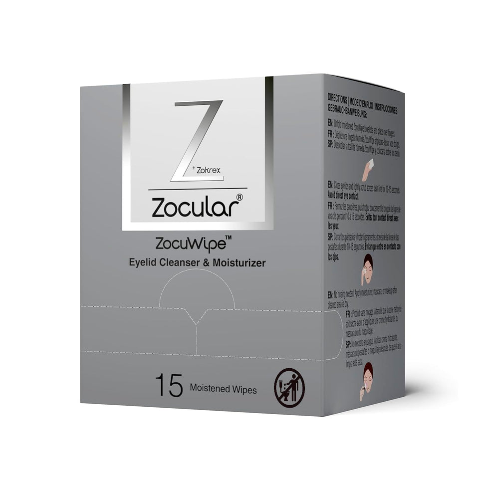 zocular front packaging showing 15-count tub and clear product benefits