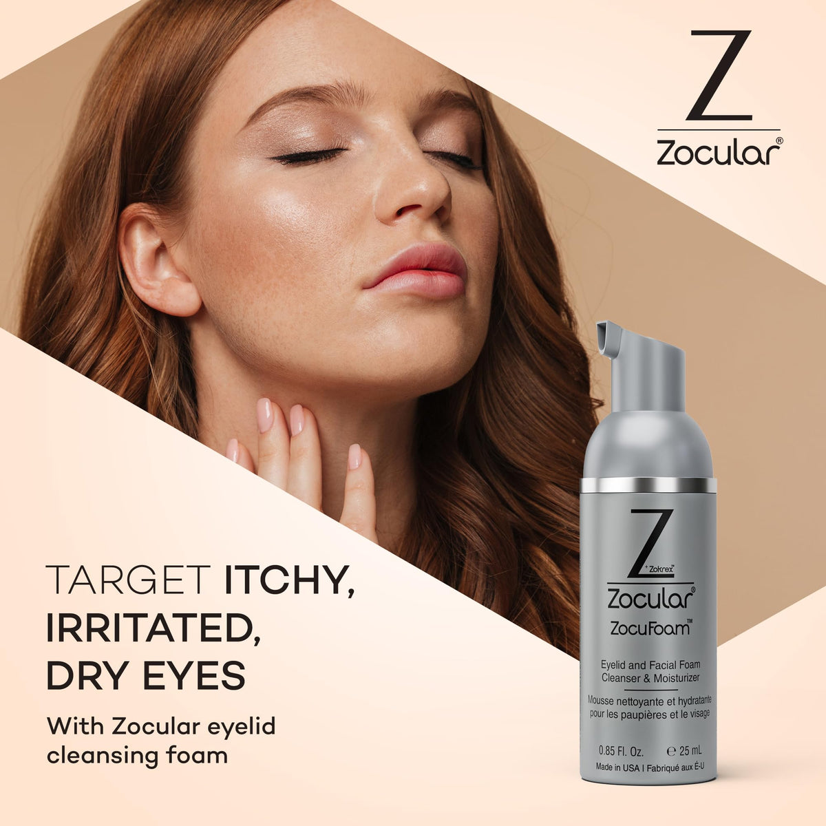 Zocular ZocuFoam airy foam texture close-up demonstrating gentle non-irritating cleansing action