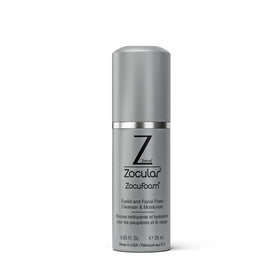 Zocular ZocuFoam front packaging showing compact 25 mL bottle and label, promotes easy travel