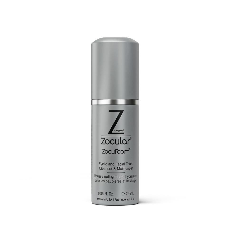 Zocular ZocuFoam front packaging showing compact 25 mL bottle and label, promotes easy travel