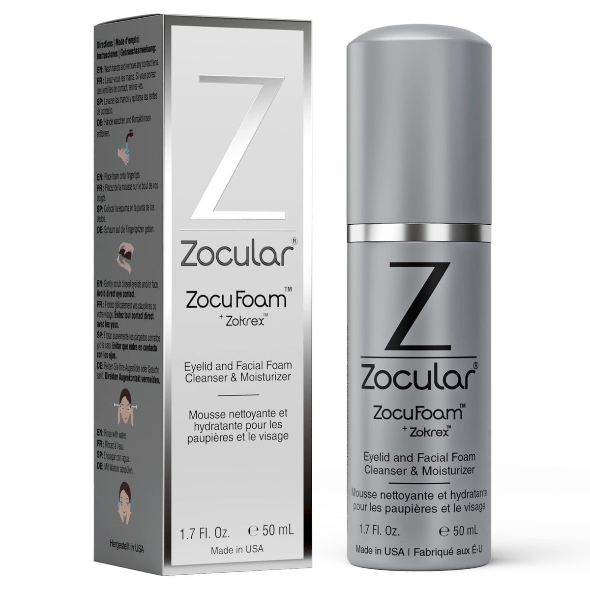 Zocular front packaging showing 50 mL bottle and pump for travel-friendly cleansing