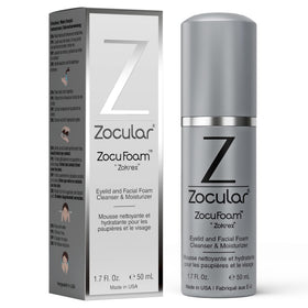 Zocular front packaging showing 50 mL bottle and pump for travel-friendly cleansing
