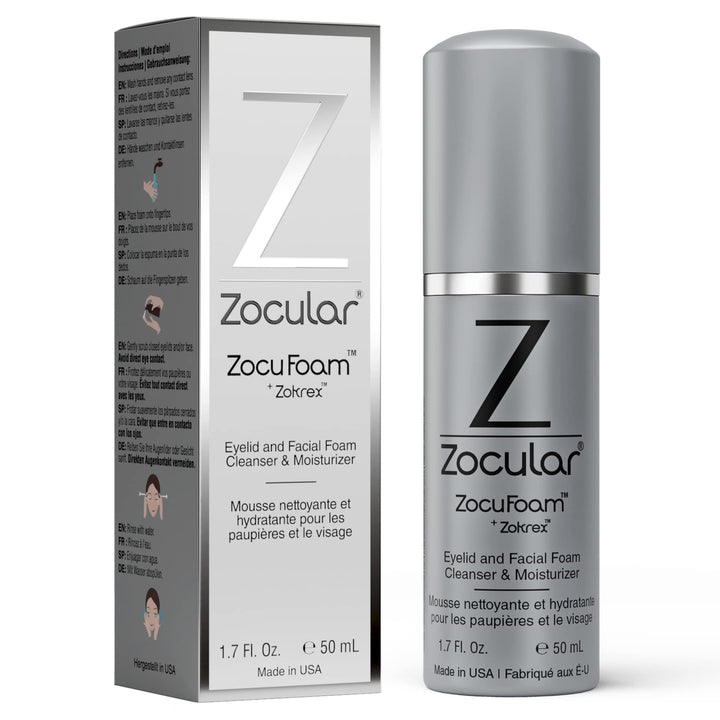 Zocular front packaging showing 50 mL bottle and pump for travel-friendly cleansing