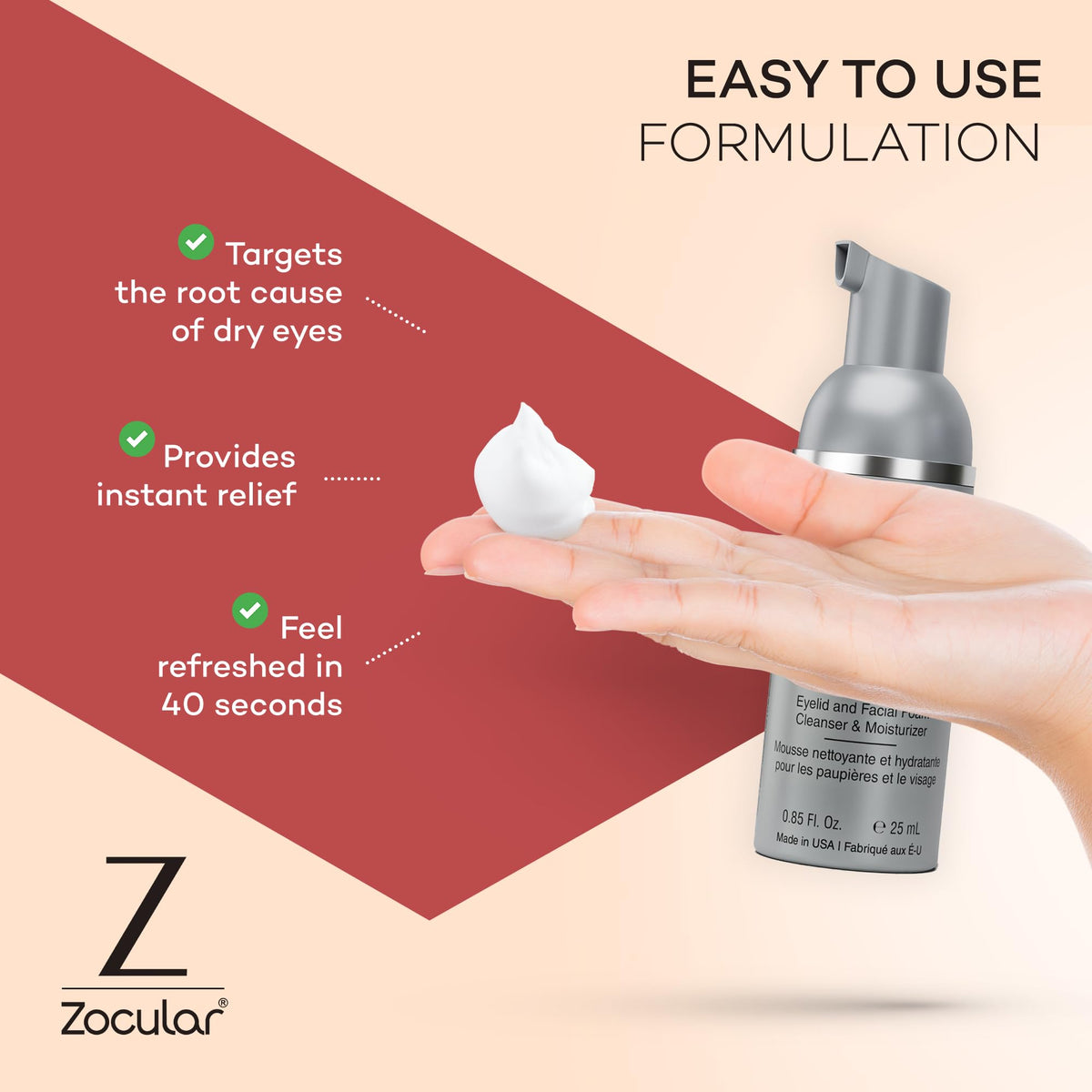 Zocular ZocuFoam label listing Zokrex ingredient, emphasizing okra-based cleansing complex