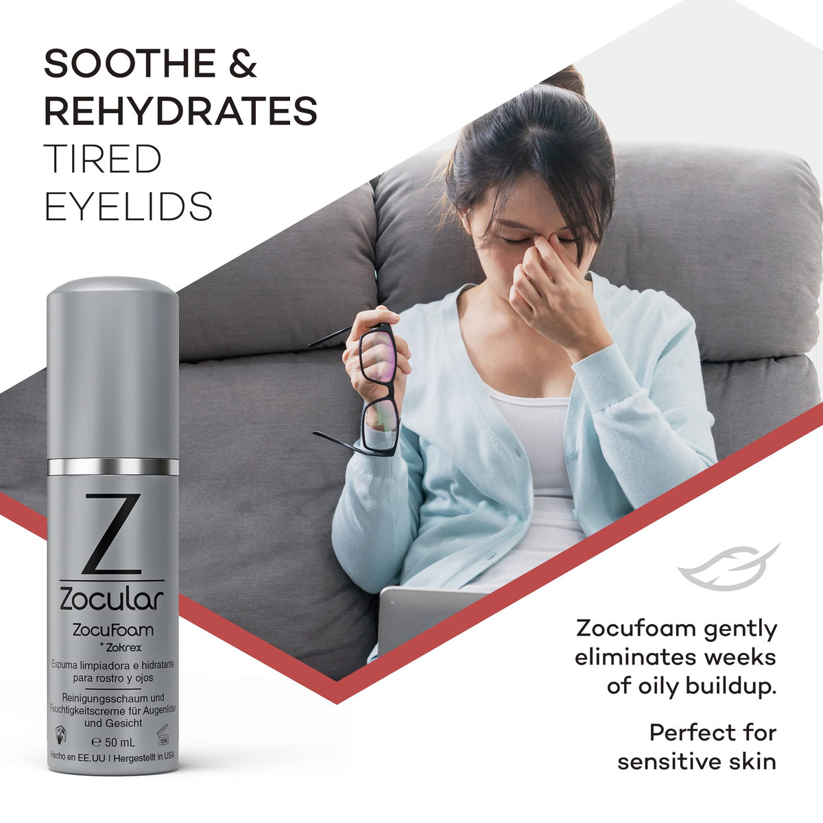 Zocular label close-up naming Zokrex and botanicals for gentle residue removal