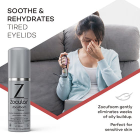 Zocular label close-up naming Zokrex and botanicals for gentle residue removal