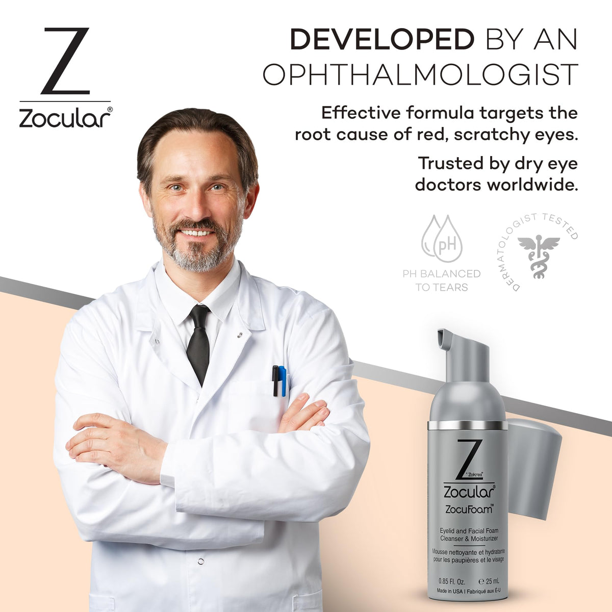 Zocular ZocuFoam placed on bathroom counter in a morning routine scene conveying refreshment