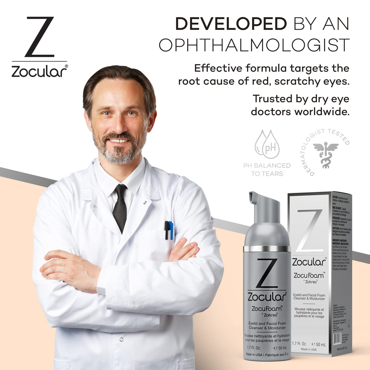 Zocular bottle on bathroom counter in lifestyle scene suggesting daily routine use