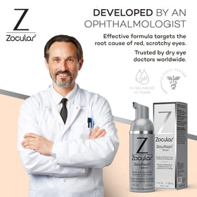 Zocular bottle on bathroom counter in lifestyle scene suggesting daily routine use
