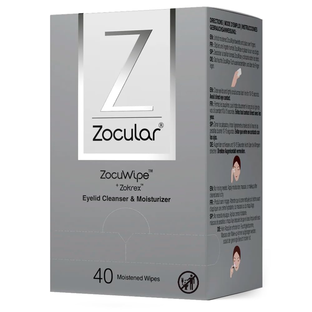 Zocular front packaging showing 40-count wipes for convenient eyelid care