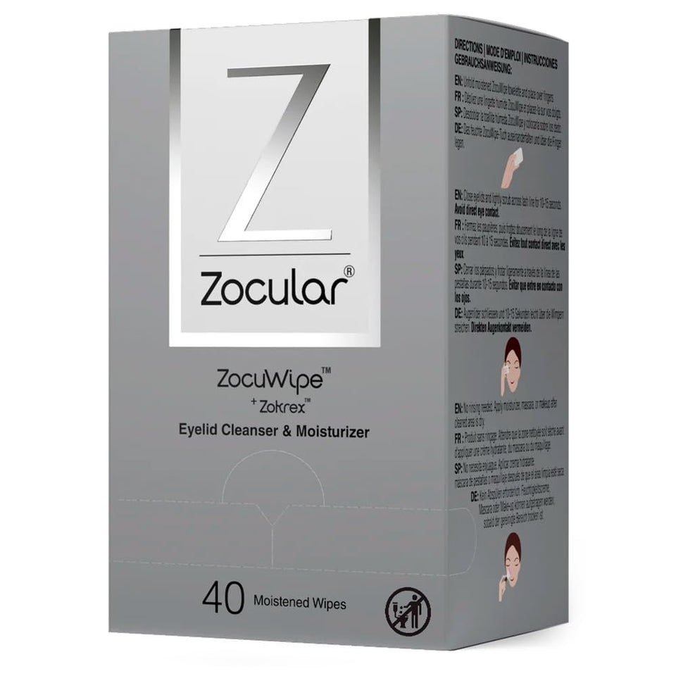 Zocular front packaging showing 40-count wipes for convenient eyelid care