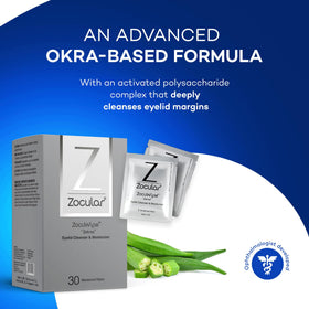 Zocular solution drop on fingertip highlighting okra complex hydration benefits