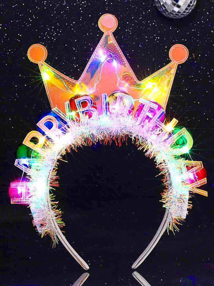 Zoestar front view crown headband showing colorful glow and festive design benefit: instant party look