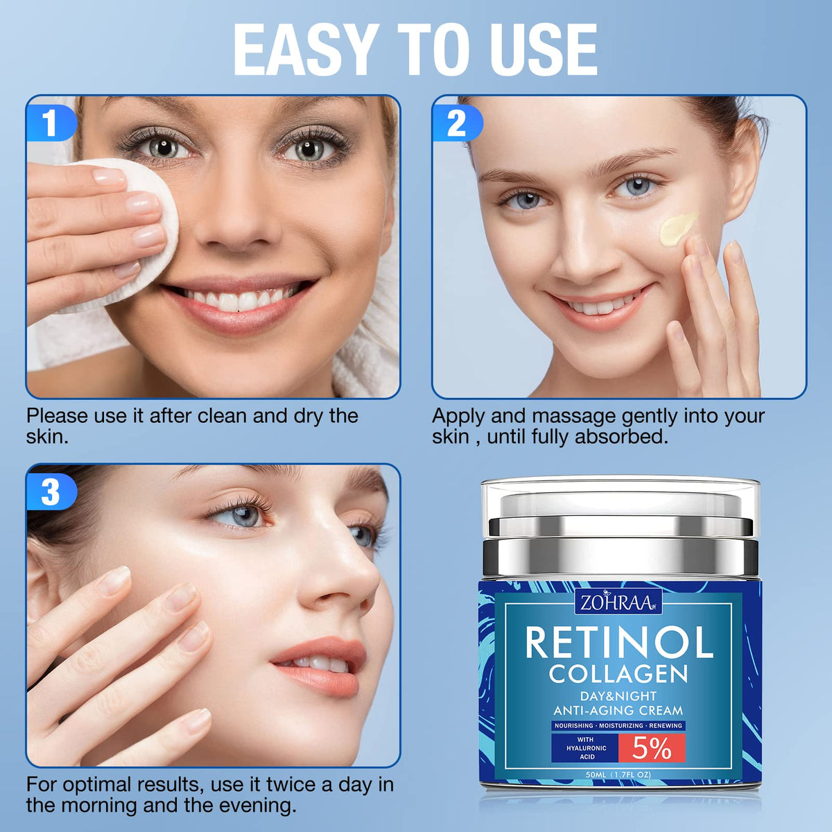 ZOHRAA label close-up revealing key ingredients like retinol, collagen and hyaluronic acid