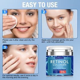 ZOHRAA label close-up revealing key ingredients like retinol, collagen and hyaluronic acid