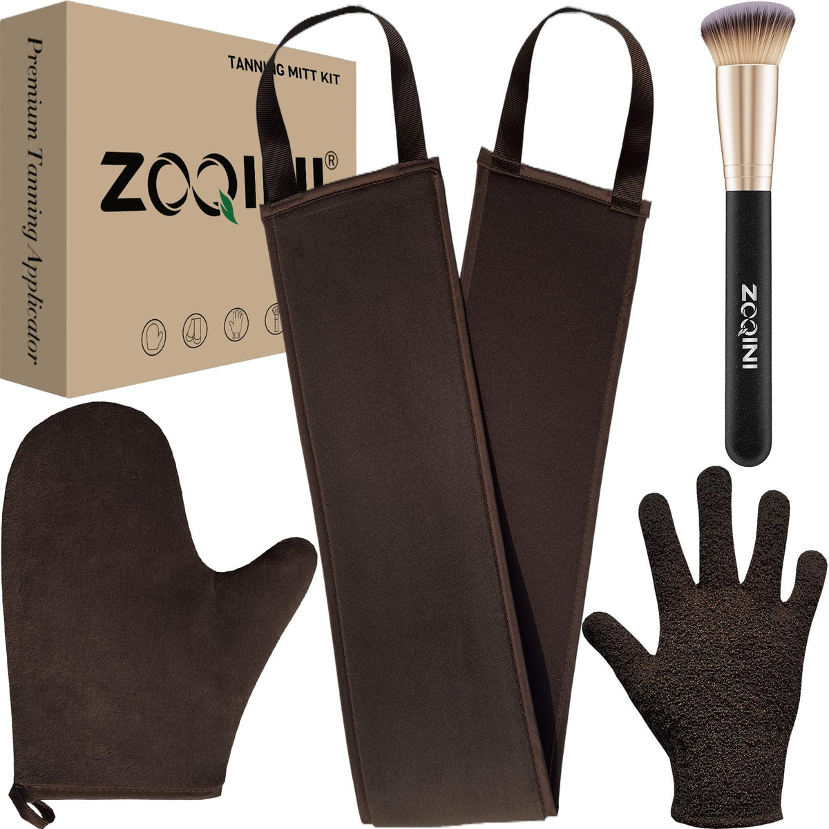 ZOQINI boxed kit front view showing all four tanning tools and benefits