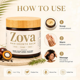 Zova Growth ingredient collection of oils highlighting nourishing benefits