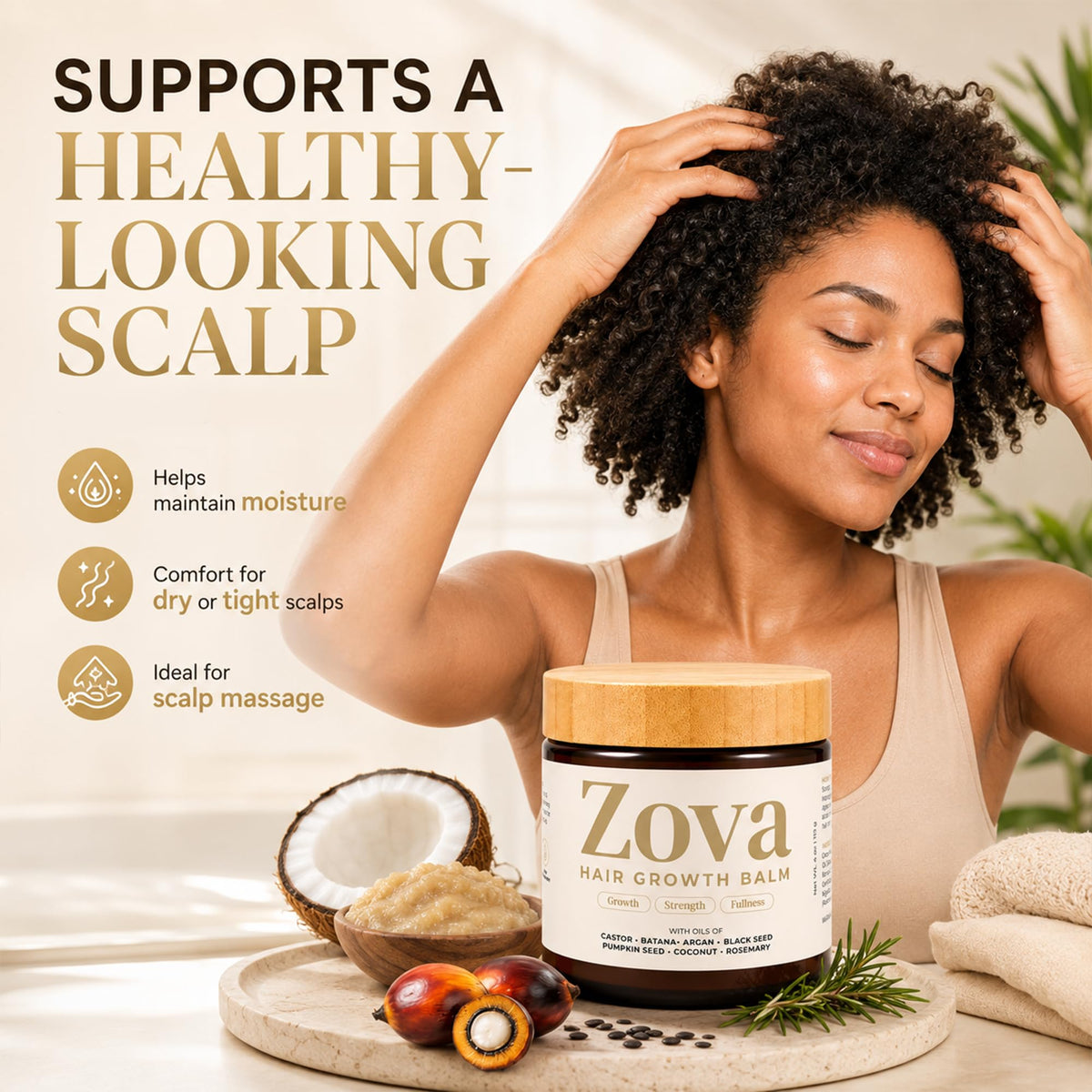 Zova Growth balm warmed on palms for quick absorption and precise control