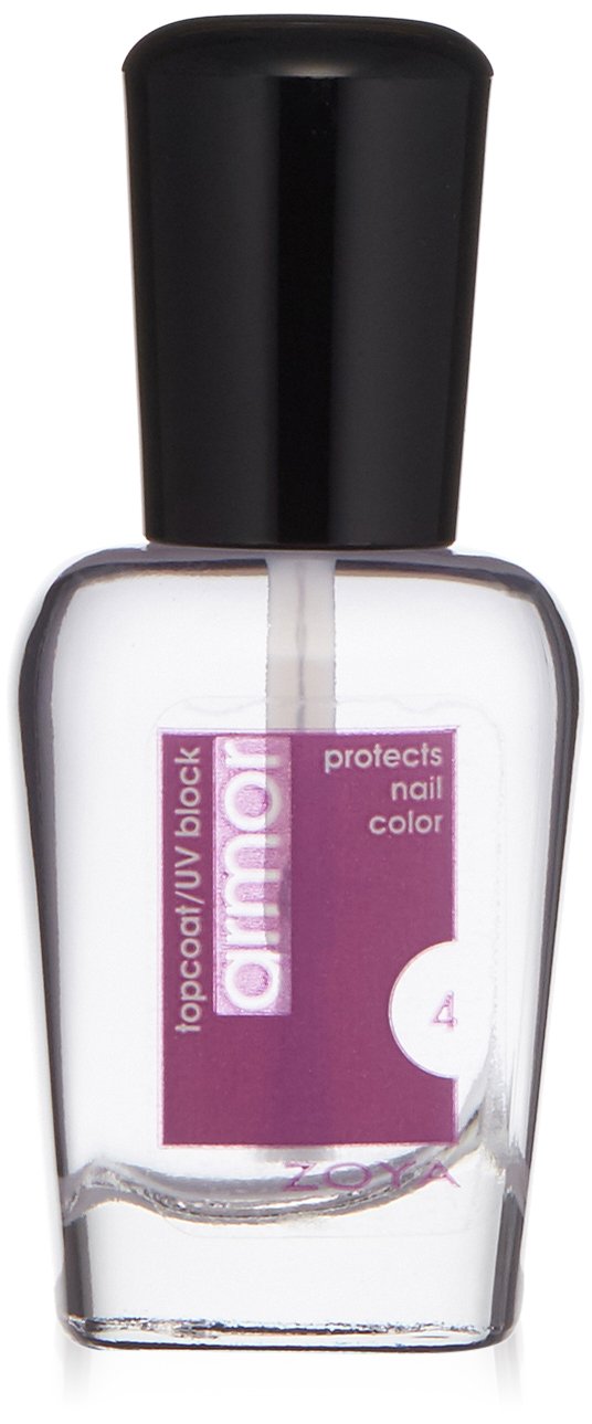 ZOYA Armor front bottle on nail display showing durable glossy protection
