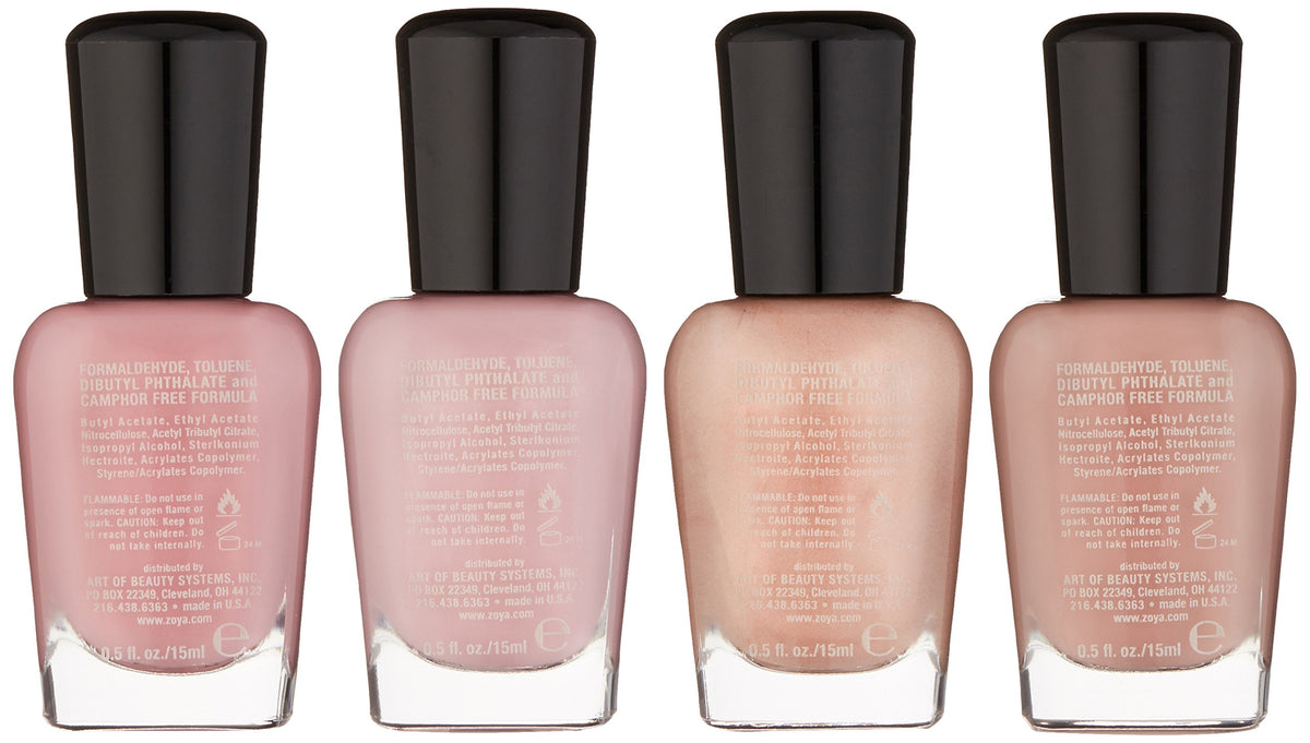 ZOYA four full-size 0.5 oz bottles close-up showing color and brush detail