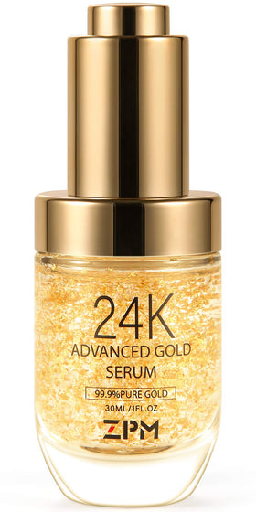 ZPM front packaging of 24K gold serum shows elegant bottle and label benefit