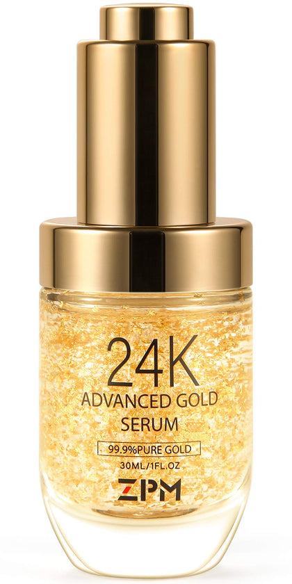 ZPM front packaging of 24K gold serum shows elegant bottle and label benefit