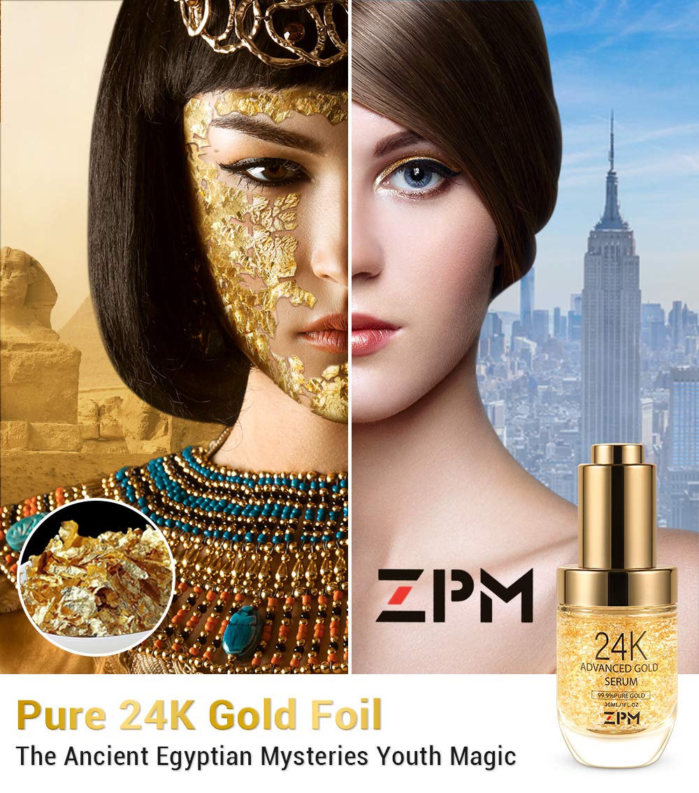 ZPM open pump dispensing serum with visible gold flakes for easy application