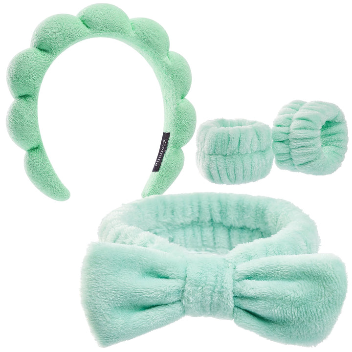 Ztomine front view of full spa headband and wristband set showing neat presentation and convenience