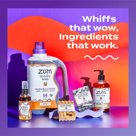 Zum bottle styled in bathroom setting conveying calming, aromatic shower