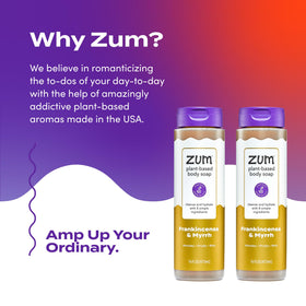 Zum label detail showing frankincense and myrrh scent and ingredient callouts