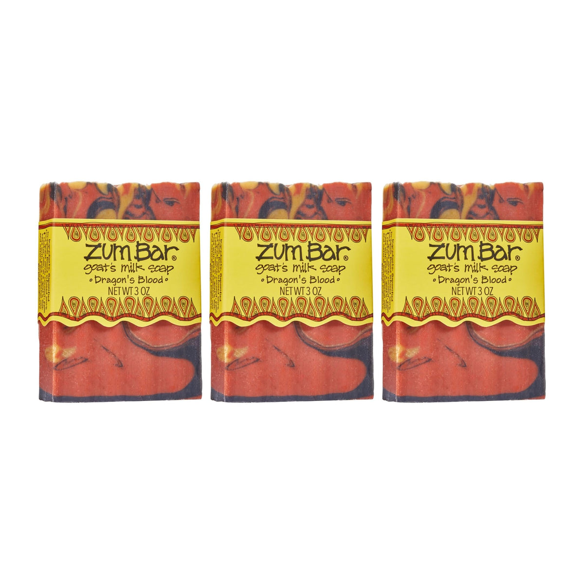 Zum Dragon's Blood front packaging showing three soap bars and branding, inviting purchase